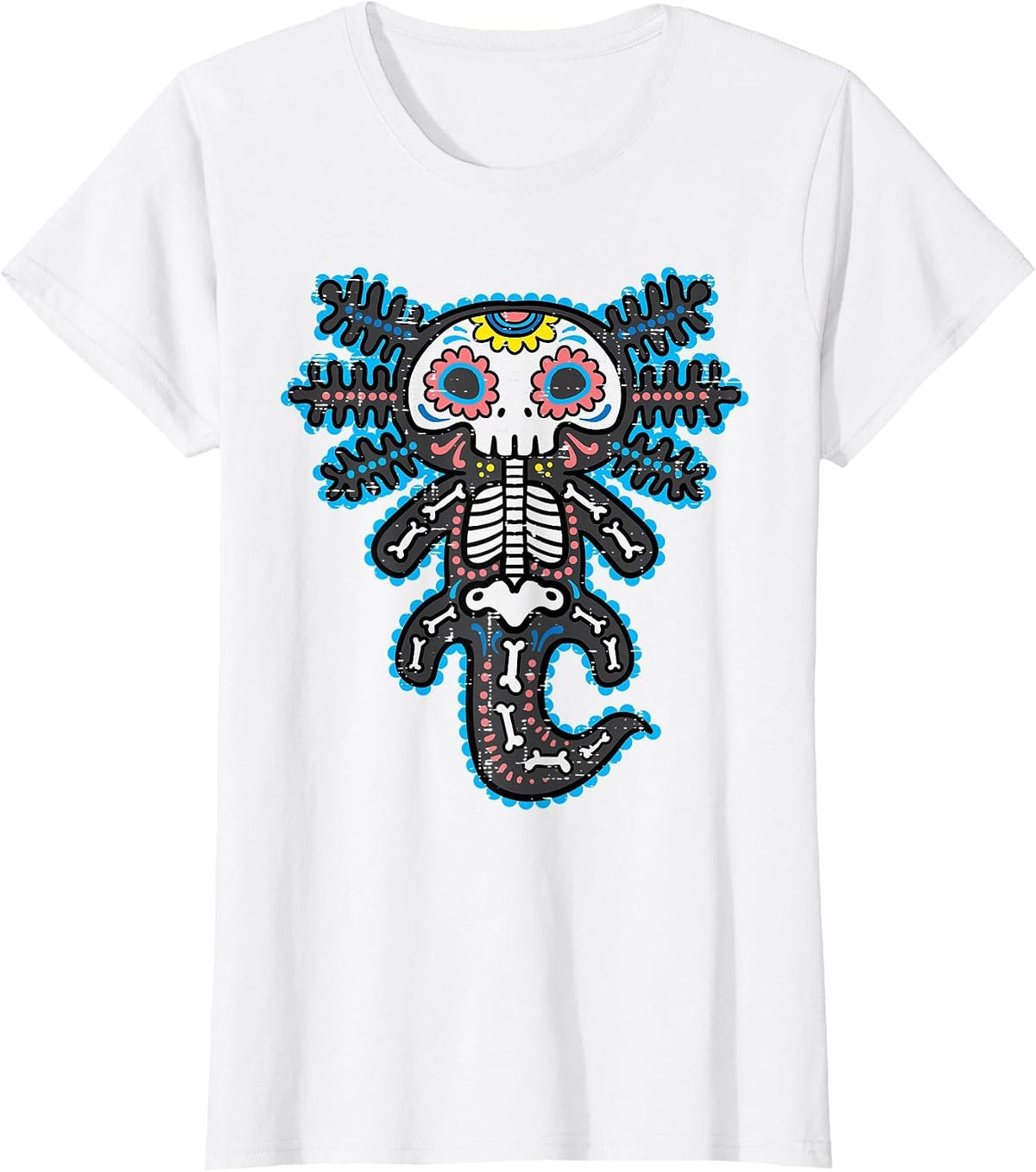 Sugar Skull Axolotl Skeleton Halloween Dia De Los Muertos T-Shirt - White