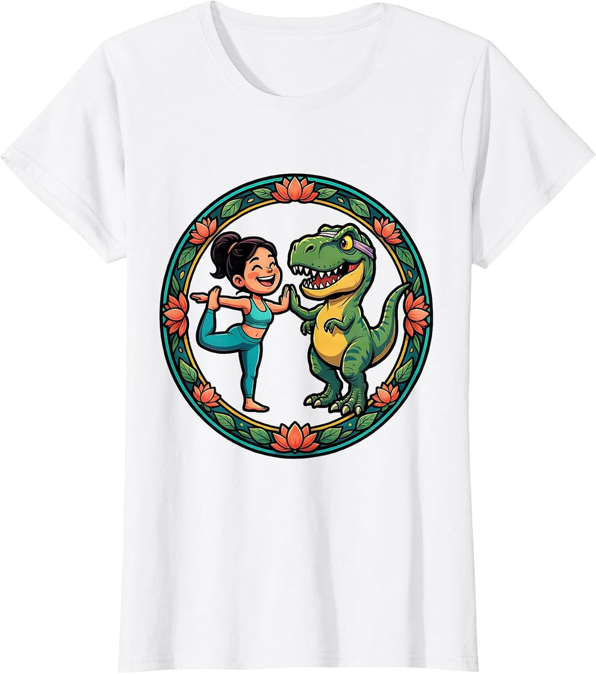 Women's Dinosaur Yoga Partner Funny T-Rex Pose Design T-Shirt - White