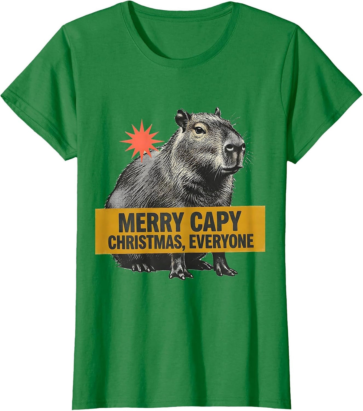 Women's Merry Capy Christmas, Everyone Midcentury Modern Capybara T-Shirt - Kelly Green