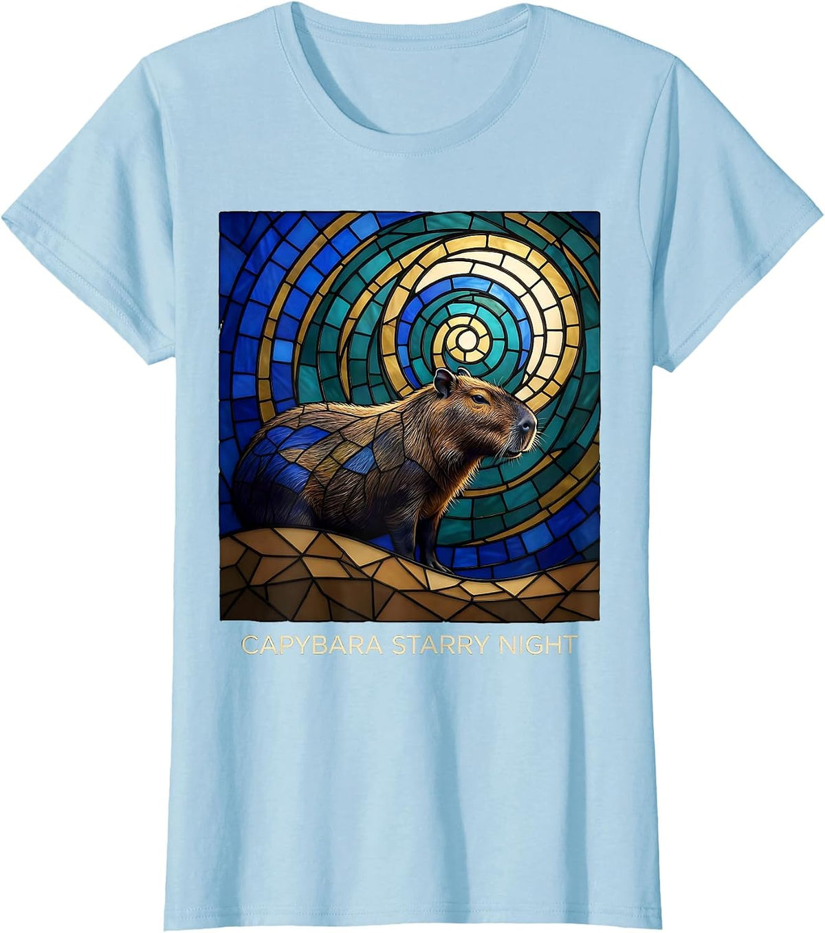 Capybara Starry Night Stained Glass Mosaic Animal Lover Van T-Shirt - Baby Blue