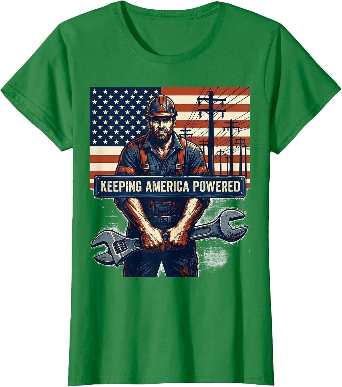 Keeping America Powered Patriotic Lineman Electrician T-Shirt - Kelly Green