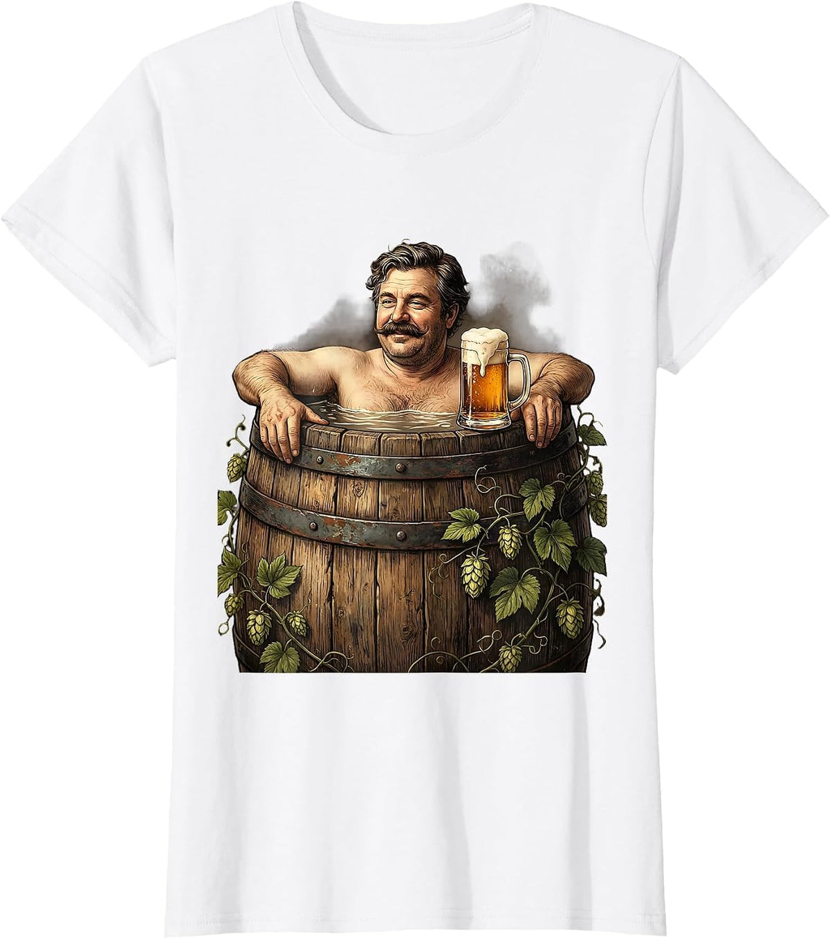 Mustachioed Relaxing in Beer Barrel Illustration T-Shirt - White