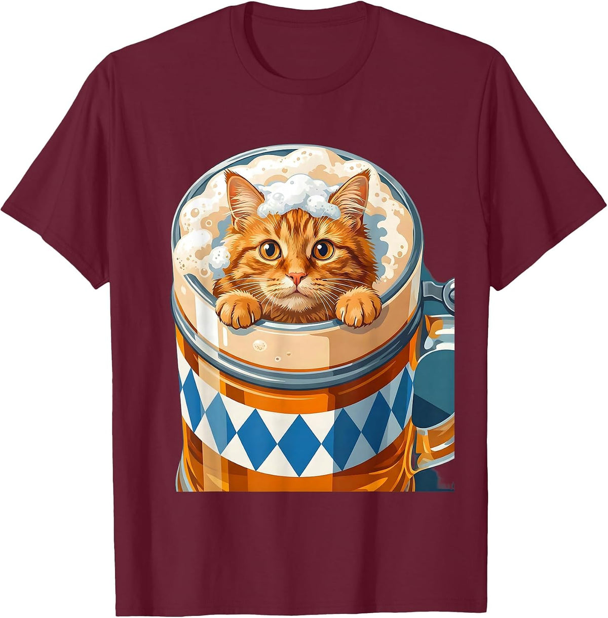 Men's Funny Oktoberfest Cat Peeking Into Beer Stein T-Shirt - Burgundy