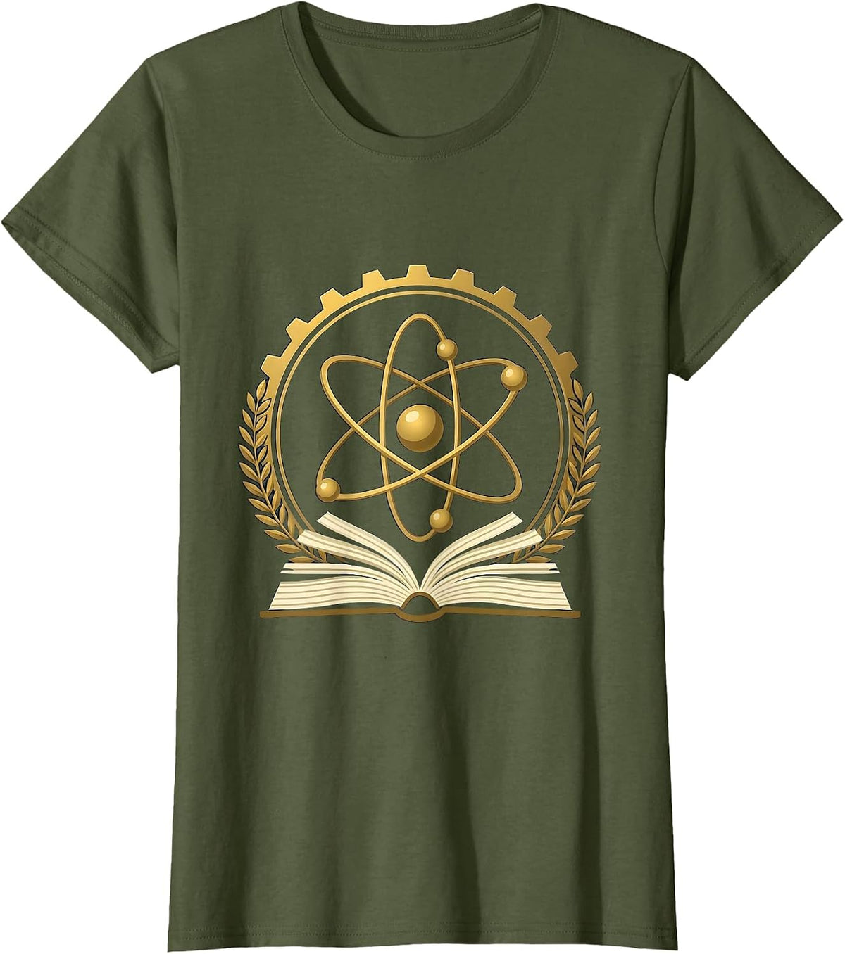 Women's Science Teacher Atom Model Over Textbook Graphic T-Shirt - Olive Green