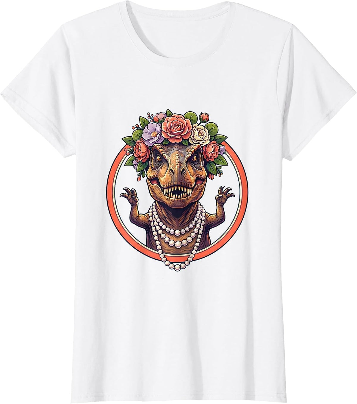 Women's Floral Crown T-Rex Dinosaur Illustration T-Shirt - White