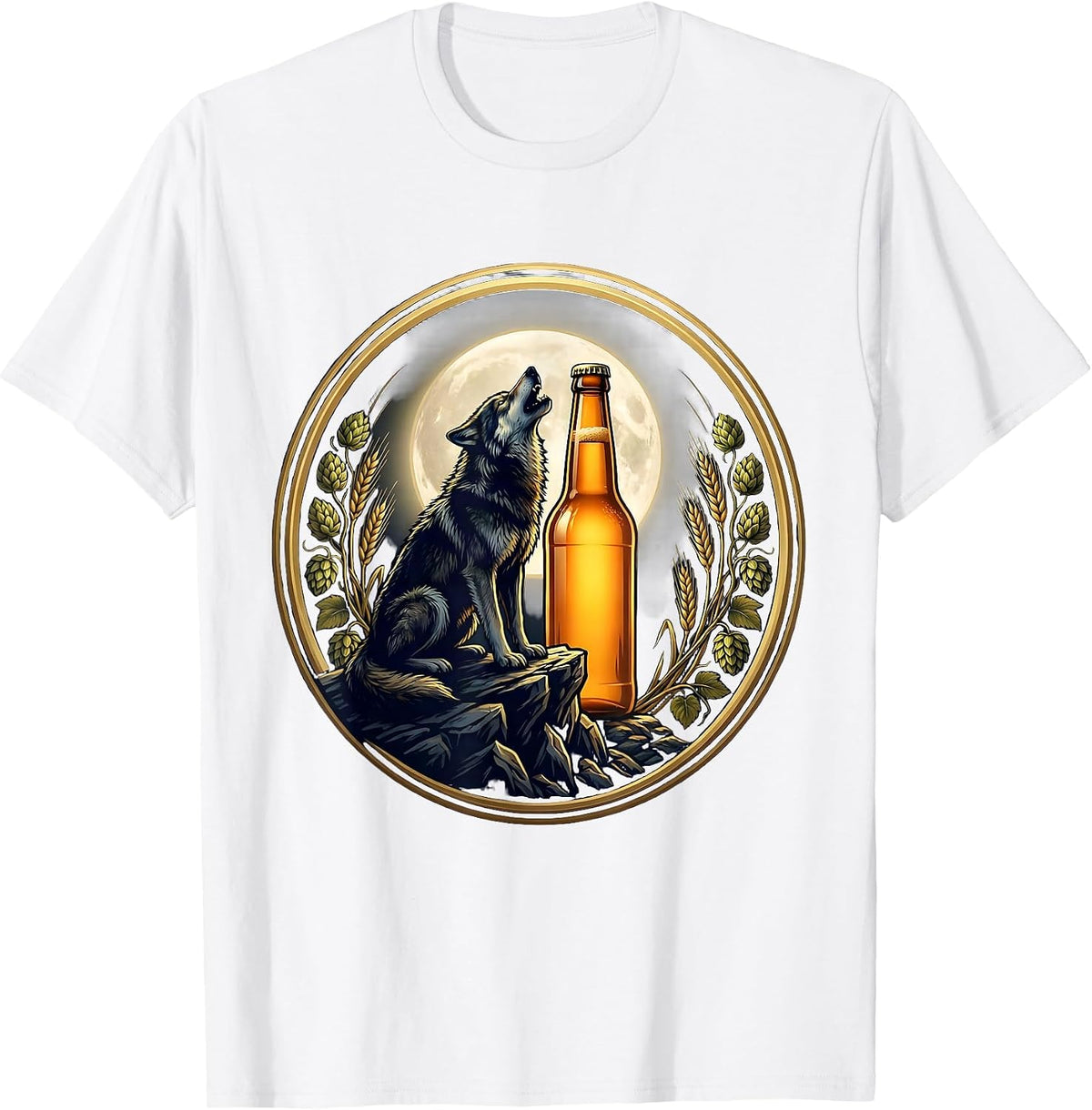 Men's Wolf Howling at Beer Bottle Moon Graphic T-Shirt - White