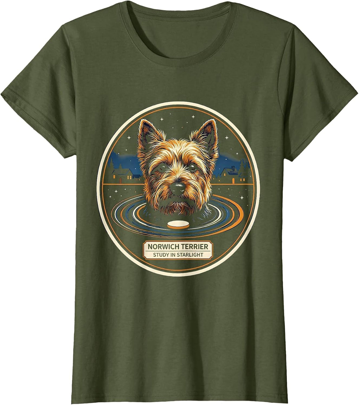 Women's Norwich Terrier Study In Starlight Editorial Conceptual Dog T-Shirt - Olive Green