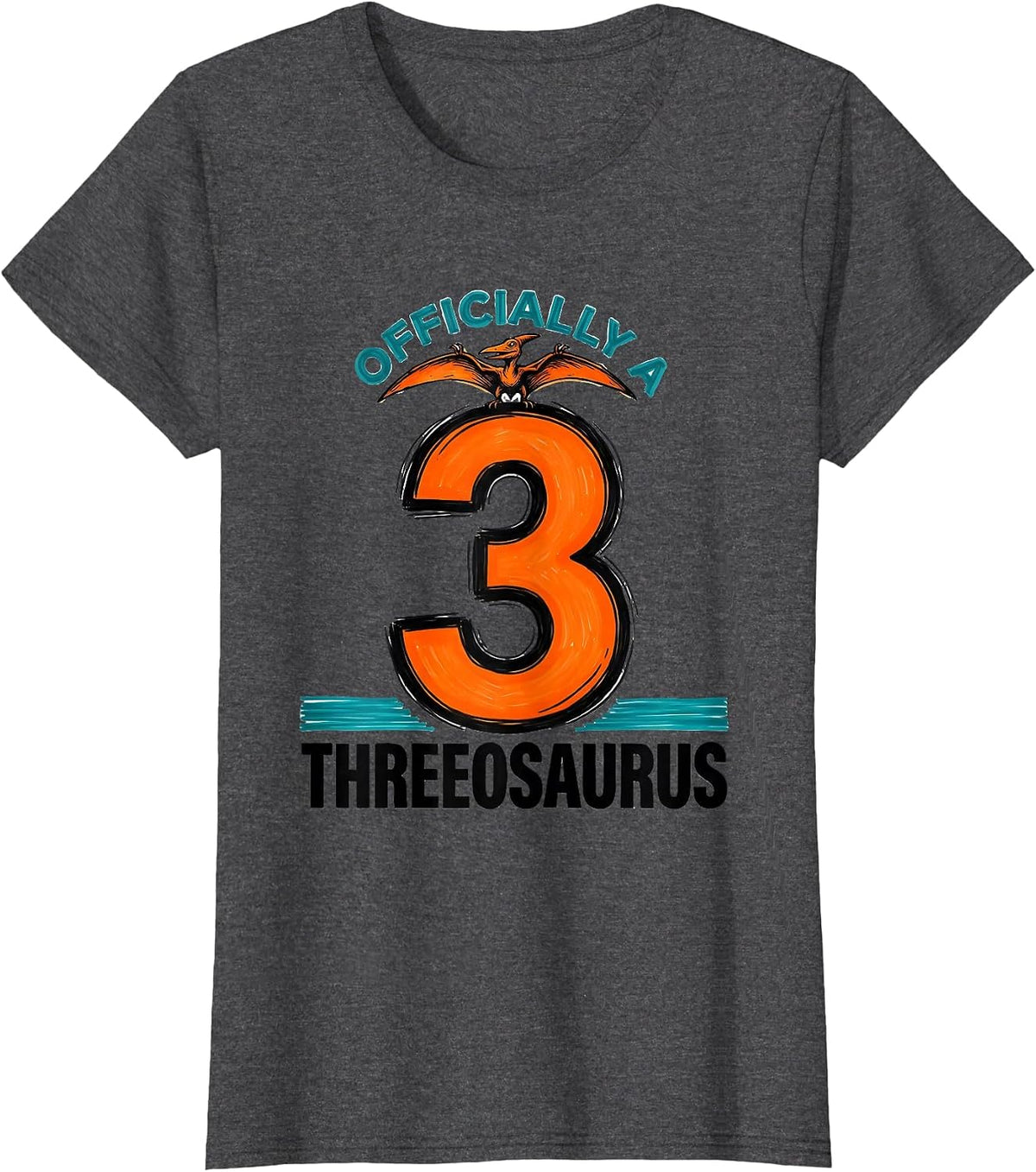 Women's Officially A Threeosaurus Funny Dinosaur Kids Back To School T-Shirt - Dark Heather Grey