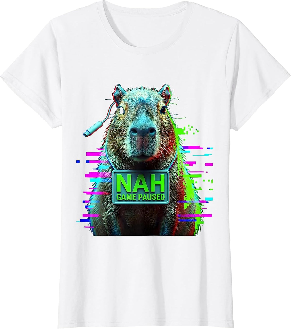 Nah, Game Paused Glitch Datamosh Funny Capybara Gamer Meme T-Shirt - White
