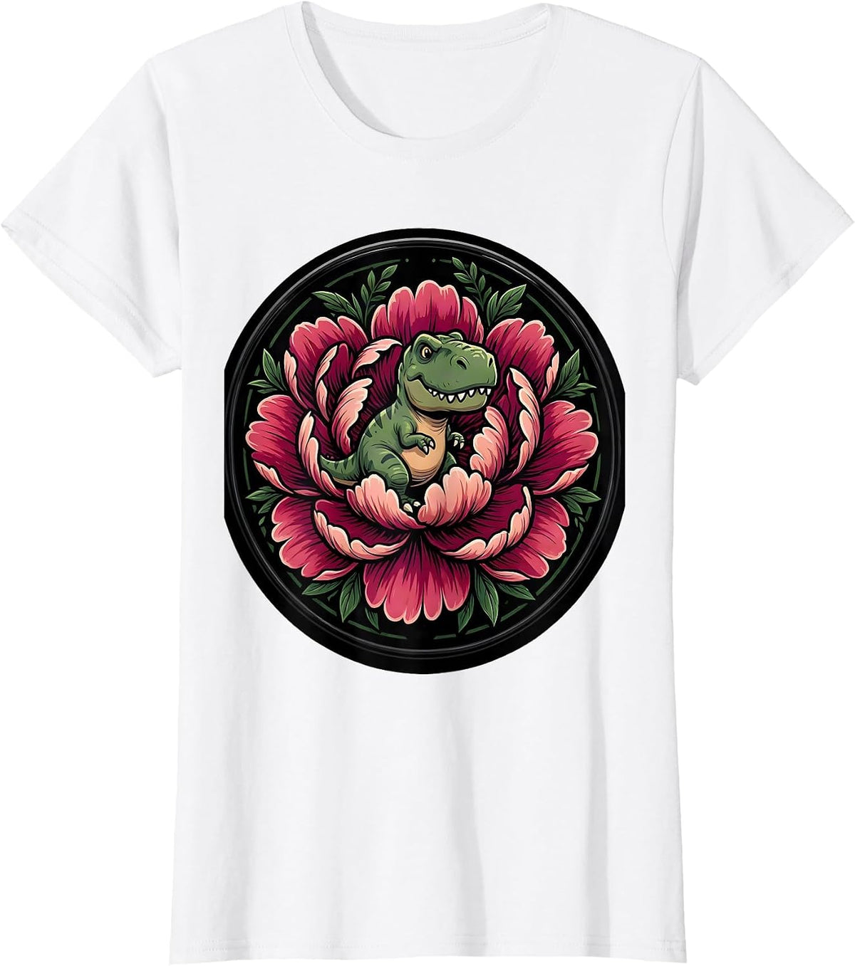 Women's Dinosaur Silhouette Blooming Peony Floral Design T-Shirt - White
