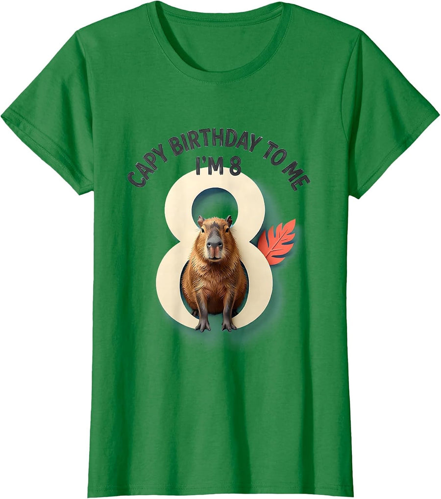 Women's Capy Birthday To Me! I'm 8 Funny Kids Age Pun Capybara T-Shirt - Kelly Green
