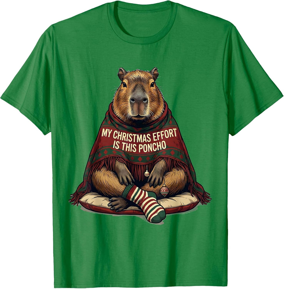 Men's My Christmas Effort Is This Poncho Funny Capybara Christmas T-Shirt - Kelly Green