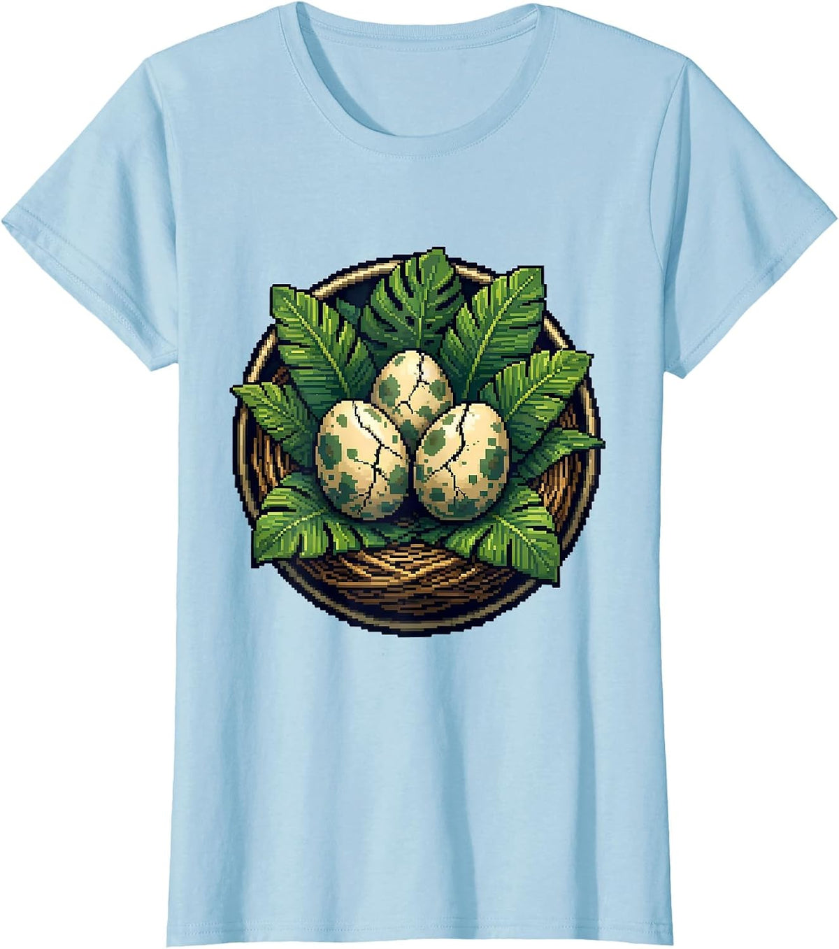 Dinosaur Eggs in Leafy Nest Close-Up Illustration T-Shirt - Baby Blue