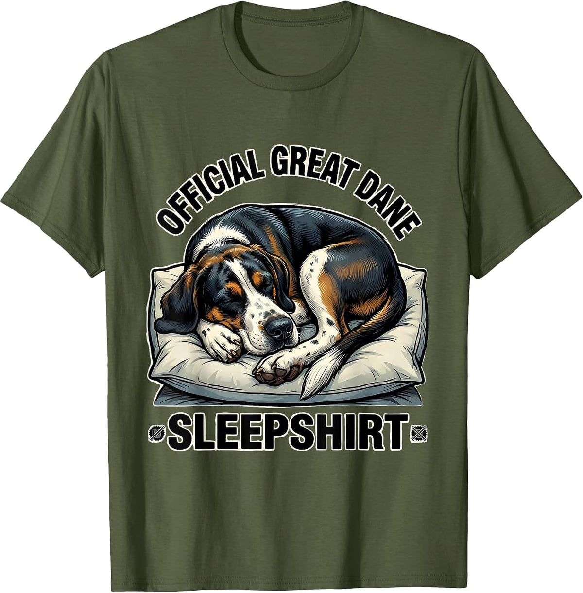Official Great Dane Sleepshirt Cartoon Dog Lover Napping T-Shirt - Olive Green