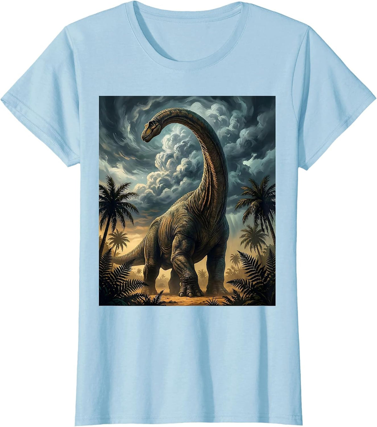 Women's Brachiosaurus Storm Clouds Dinosaur Illustration T-Shirt - Baby Blue