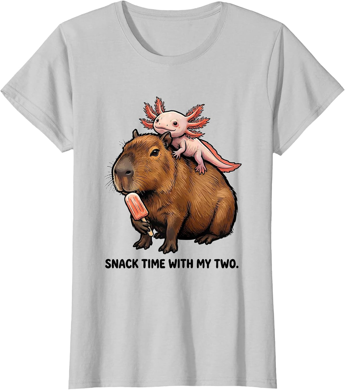 Snack Time With My Two Cute Capybara Axolotl Kawaii Animal T-Shirt - Silver Grey