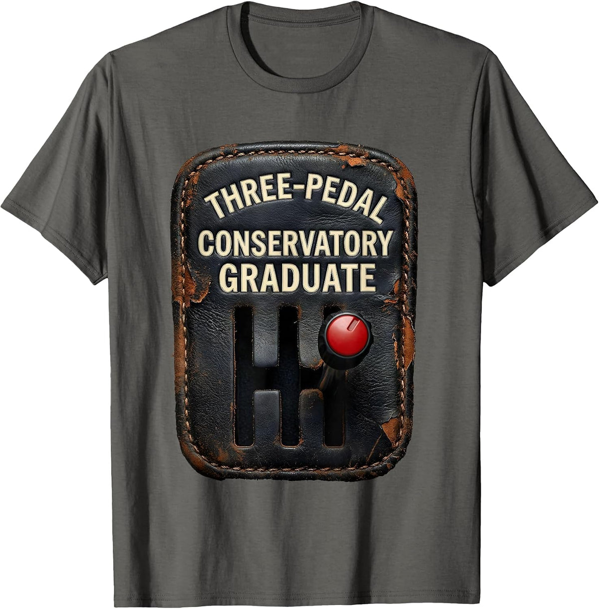 Three-Pedal Conservatory Graduate Distressed Stick Shift Car T-Shirt - Asphalt Grey