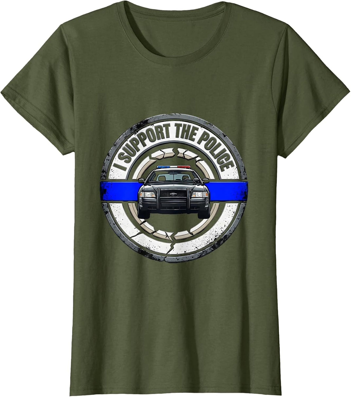 Women's I Support The Police Distressed Thin Blue Line Law T-Shirt - Olive Green