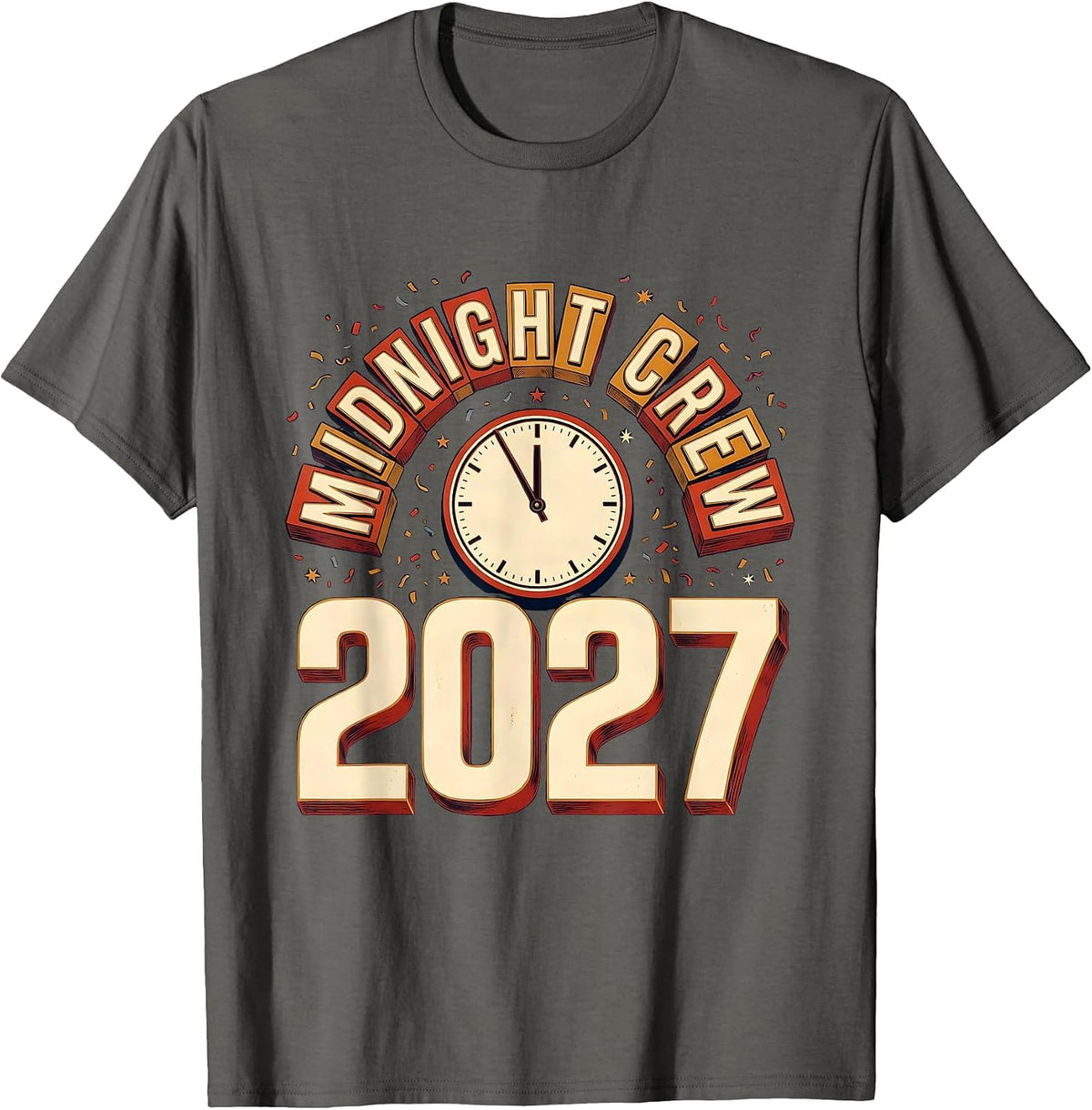 Men's Midnight Crew 2027 Wood Type Letterpress New Year Eve Party T-Shirt - Asphalt Grey