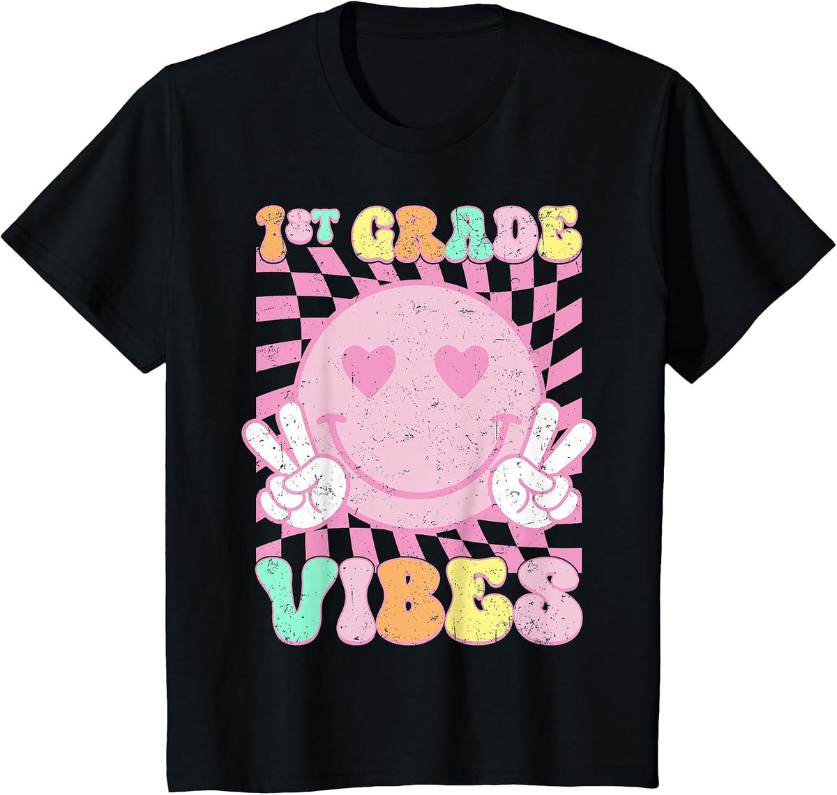 Pink 1st Grade Vibes Smile Face Back to School First Grade T-Shirt - Black