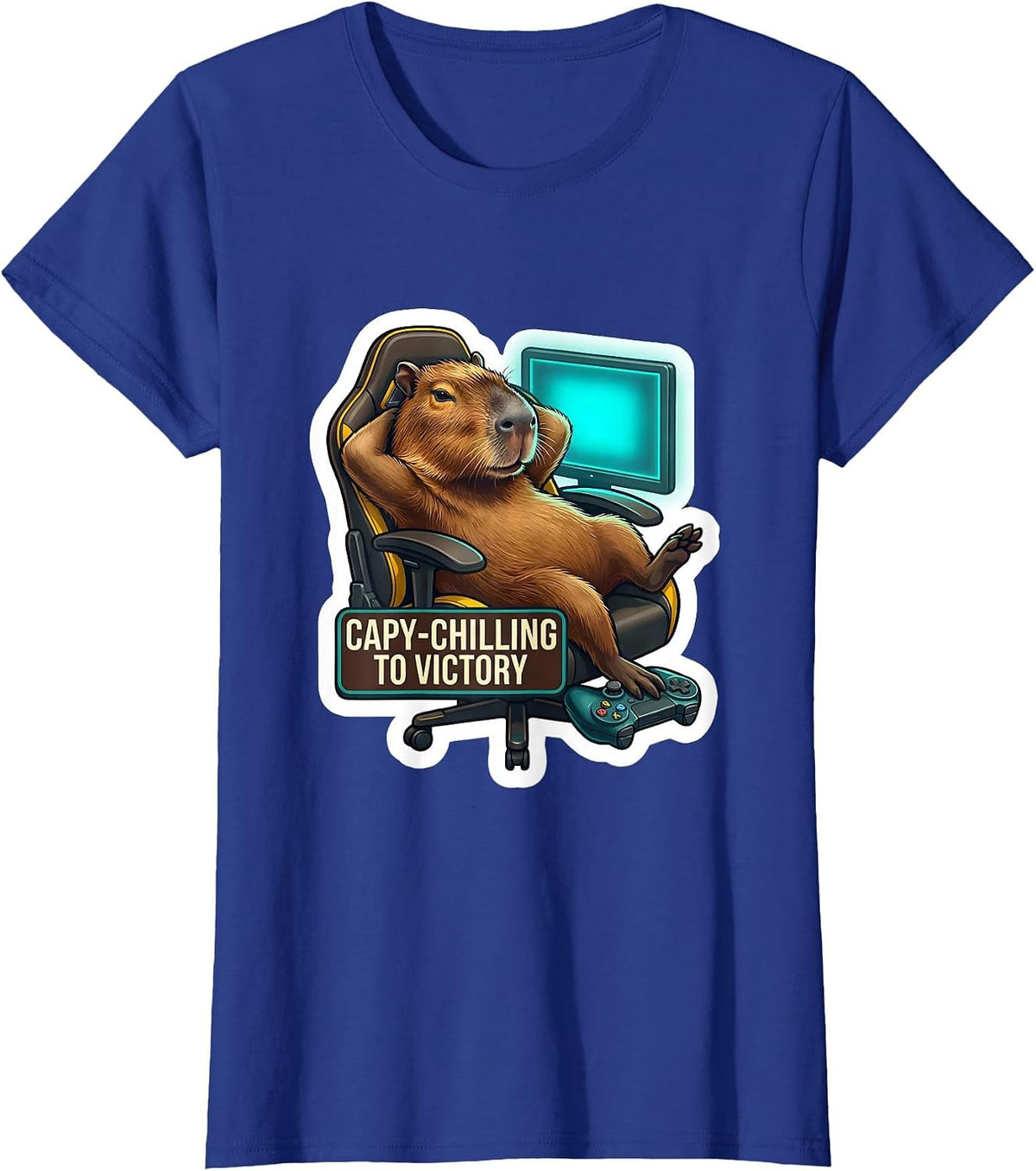 Women's Capy-Chilling To Victory Funny Capybara Gamer Humor T-Shirt - Royal Blue