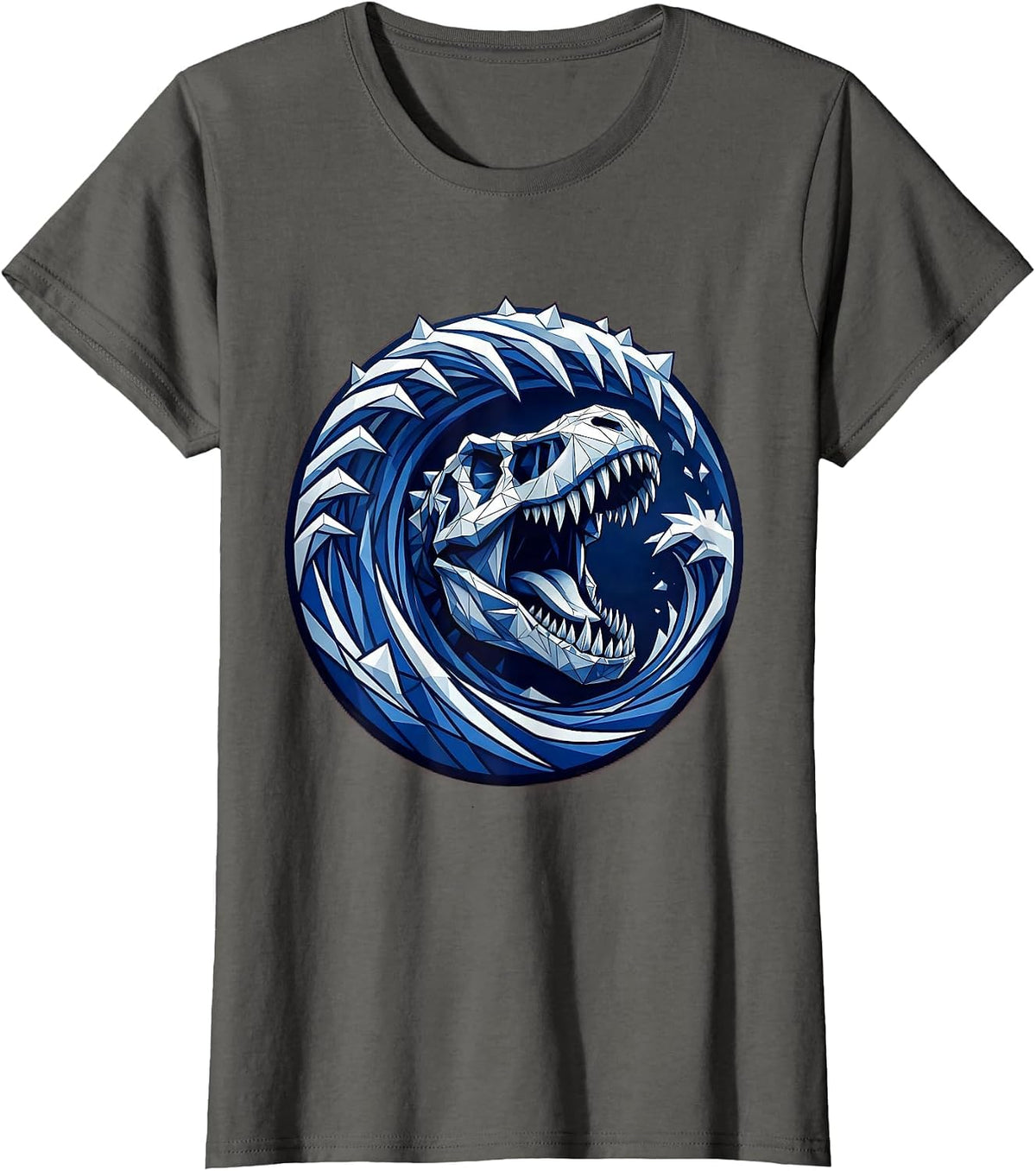 Women's T-Rex Roaring Ocean Wave Dinosaur Graphic T-Shirt - Asphalt Grey