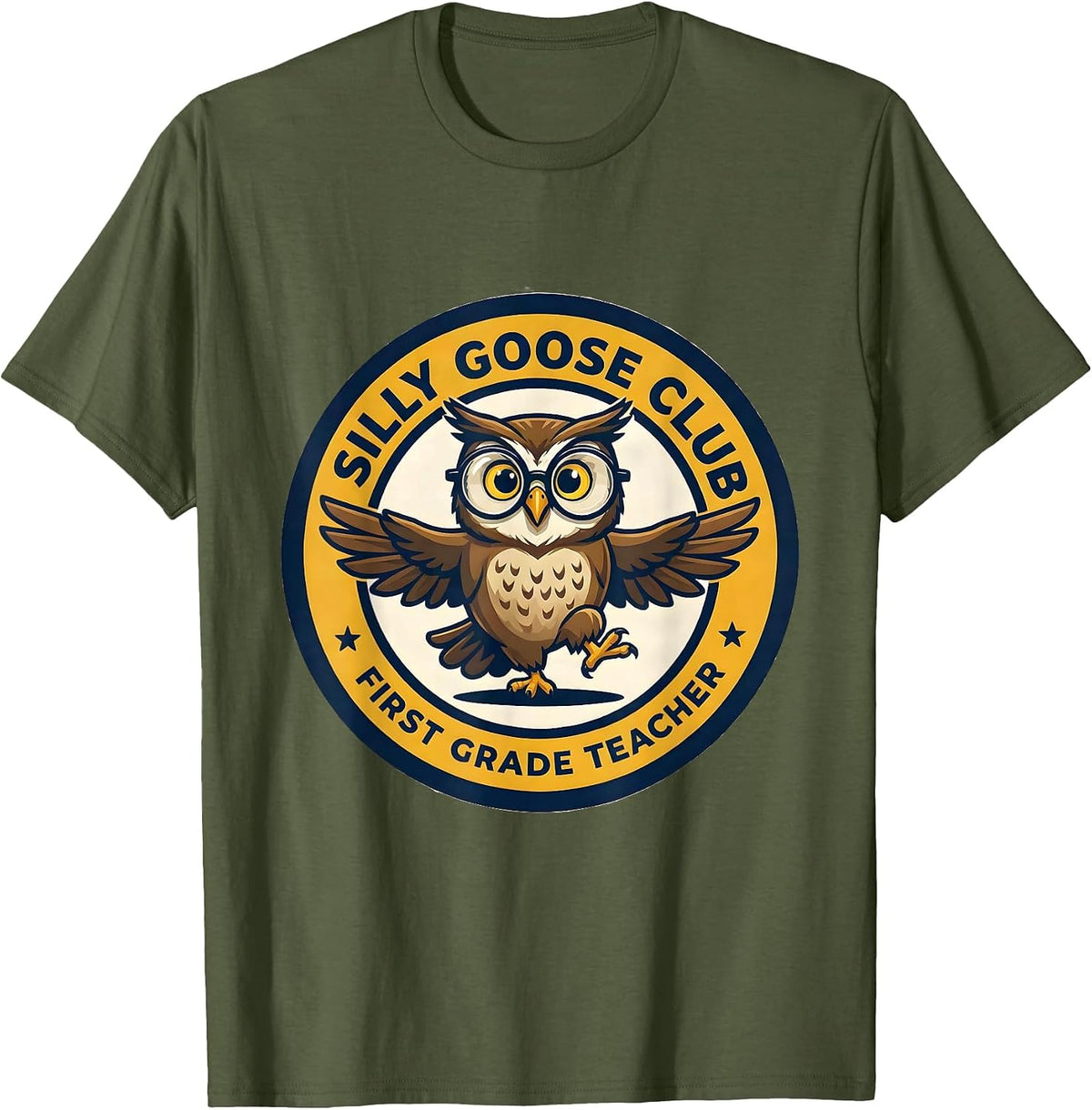 Men's Silly Goose Club First Grade Teacher Cute Girl Teacher Back T-Shirt - Olive Green