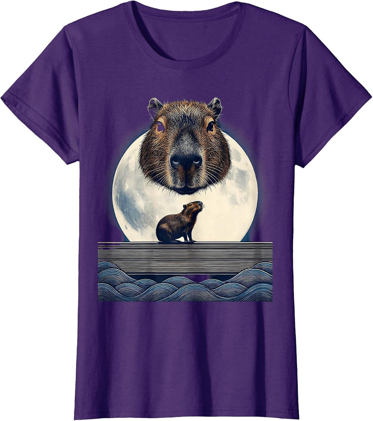 Women's Capybara Head Mask Ukiyo-e Howling Moon Meme T-Shirt - Purple