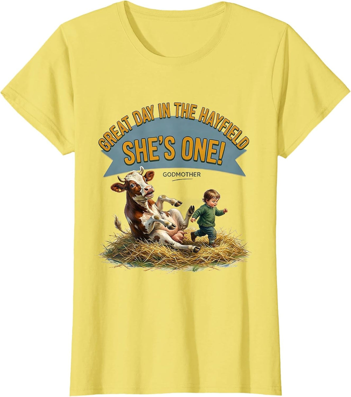 Great Day In The Hayfield She's ONE Godmother Birthday Farm T-Shirt - Lemon Yellow