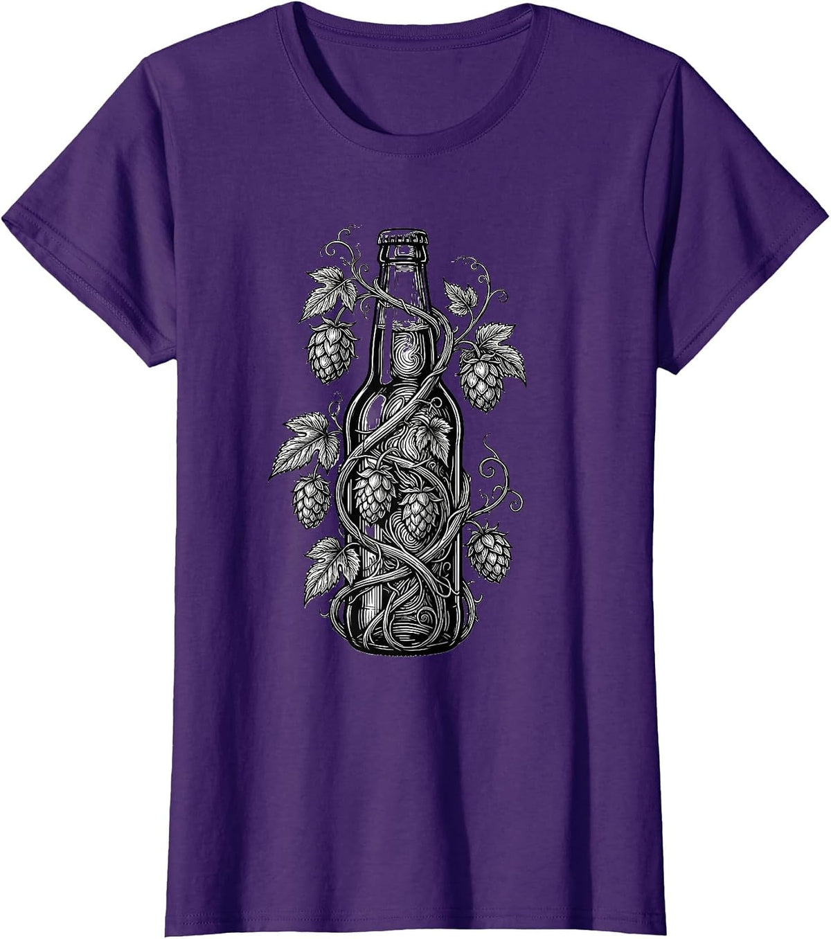 Women's Hop Vine Wrapped Beer Bottle Illustration T-Shirt - Purple