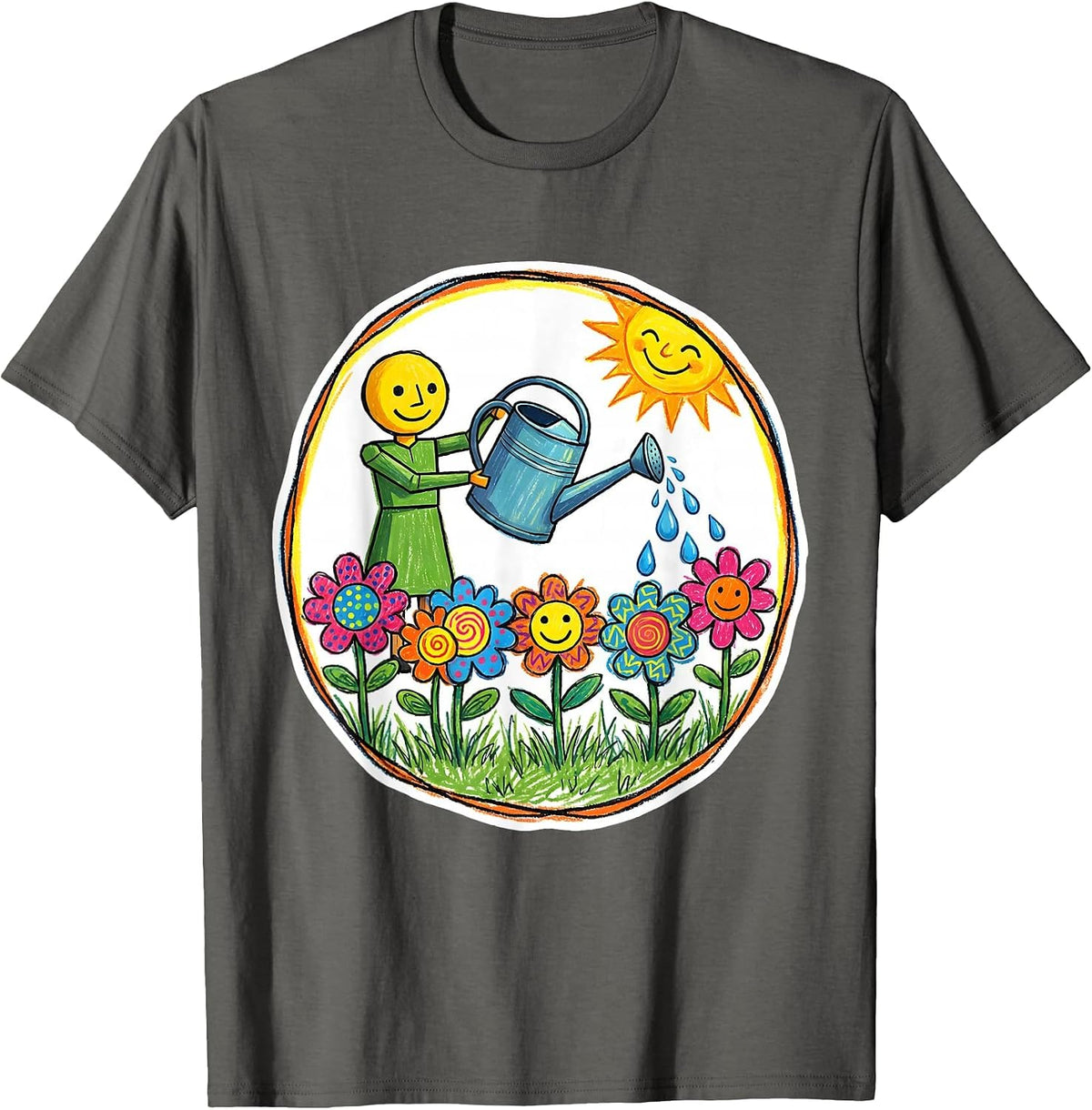 Men's Preschool Teacher Watering Children Flowers Art T-Shirt - Asphalt Grey