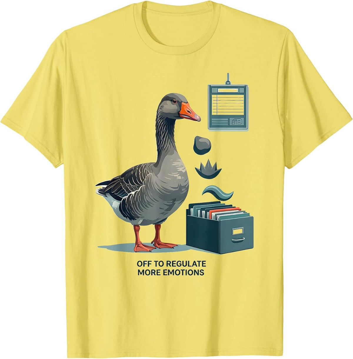 Men's Off to Regulate More Emotions Funny Goose Mental Health T-Shirt - Lemon Yellow