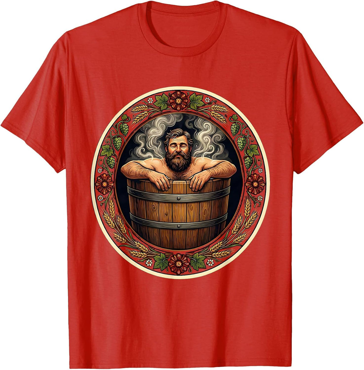 Men's Bearded Barrel Hot Tub Beer Relaxation Graphic T-Shirt - Red