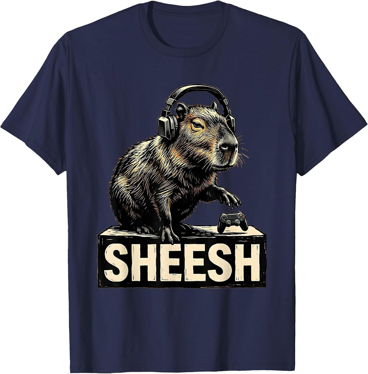 Sheesh Linocut Capybara Gamer Meme Humor Cute T-Shirt - Navy Blue
