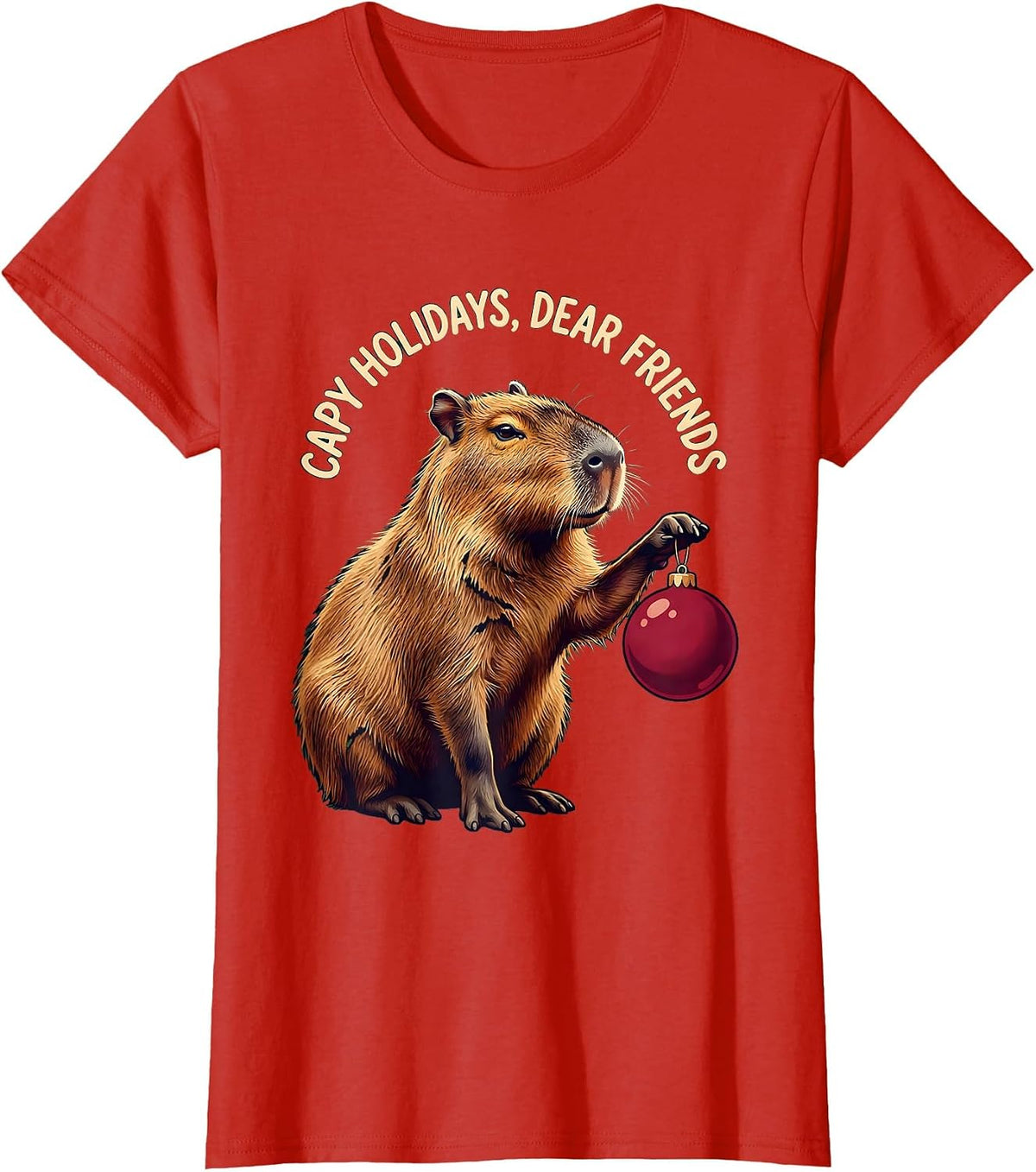 Capy Holidays Dear Friends Whimsical Christmas Capybara T-Shirt - Red