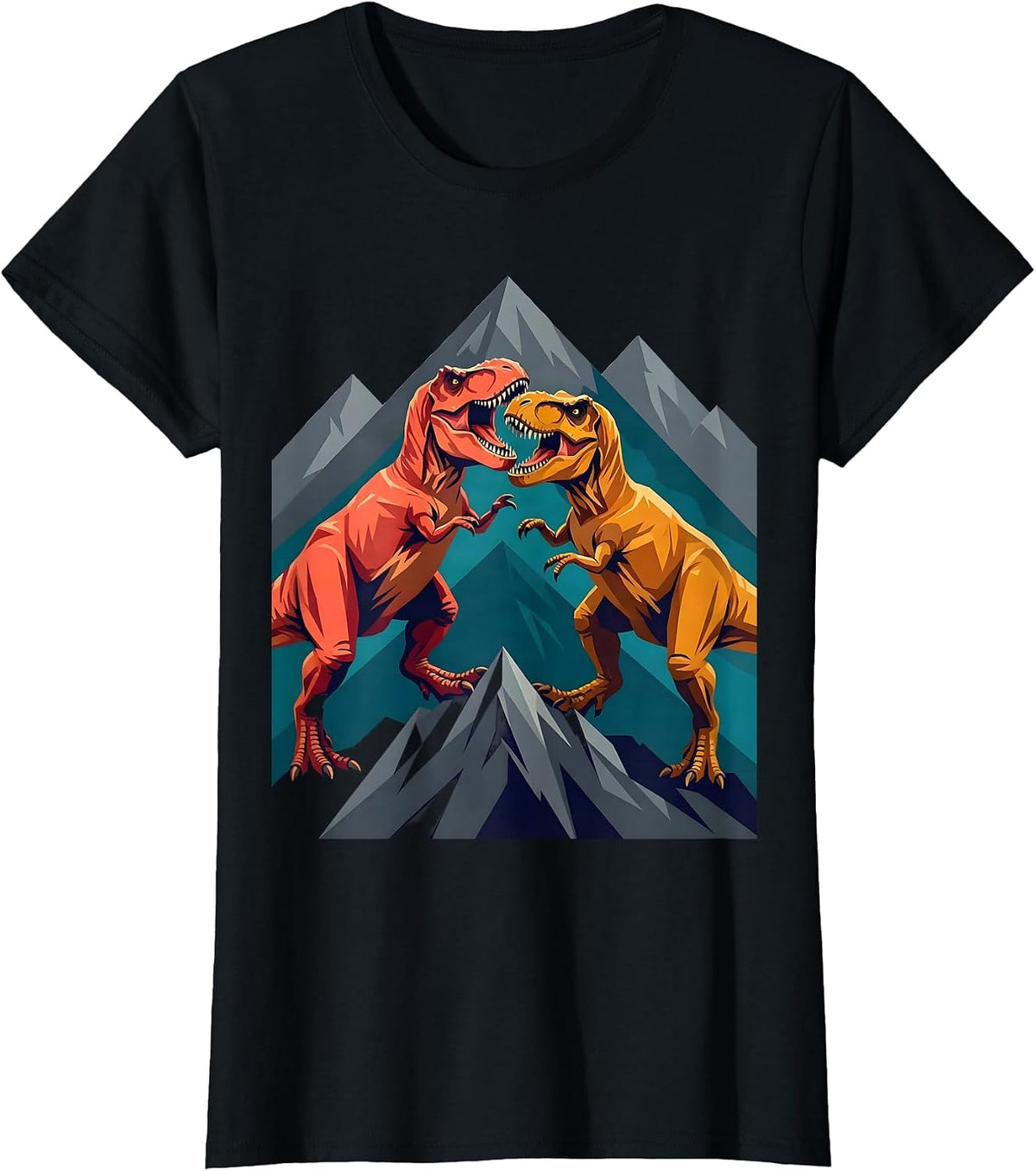 Women's T-Rex Battle on the Mountain Ridge Dinosaur T-Shirt - Black