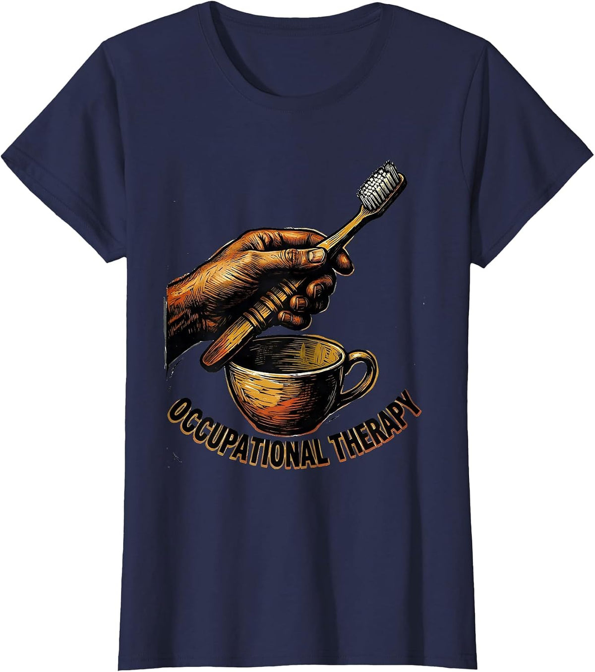 Women's Occupational Therapy Linocut Retro OT Month Gift T-Shirt - Navy Blue