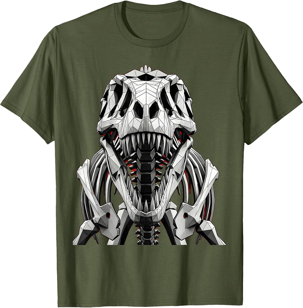 T-Rex Skeleton Roaring Dinosaur Graphic T-Shirt - Olive Green