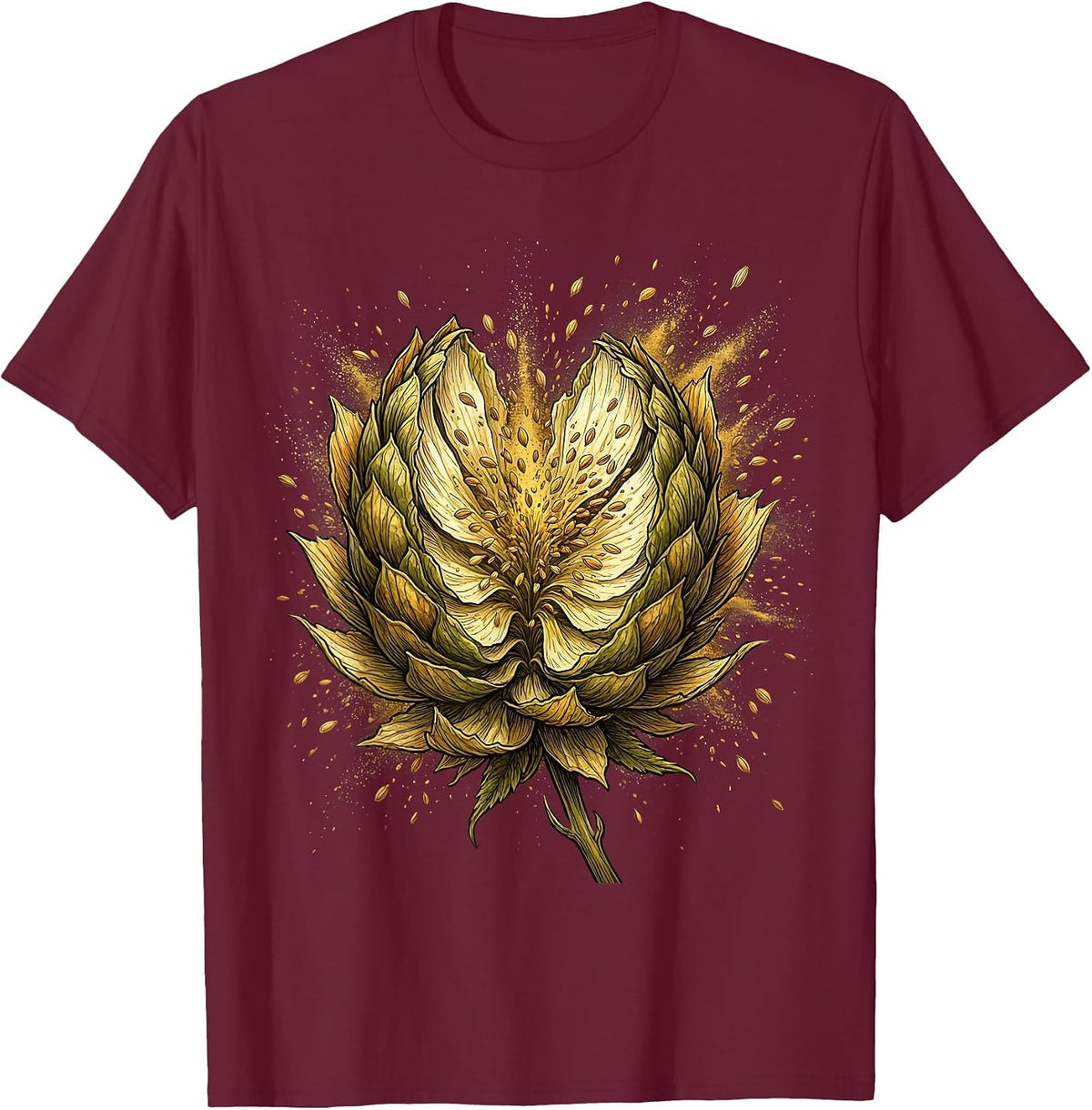 Hop Cone Burst Gold Dust Beer Art T-Shirt - Burgundy