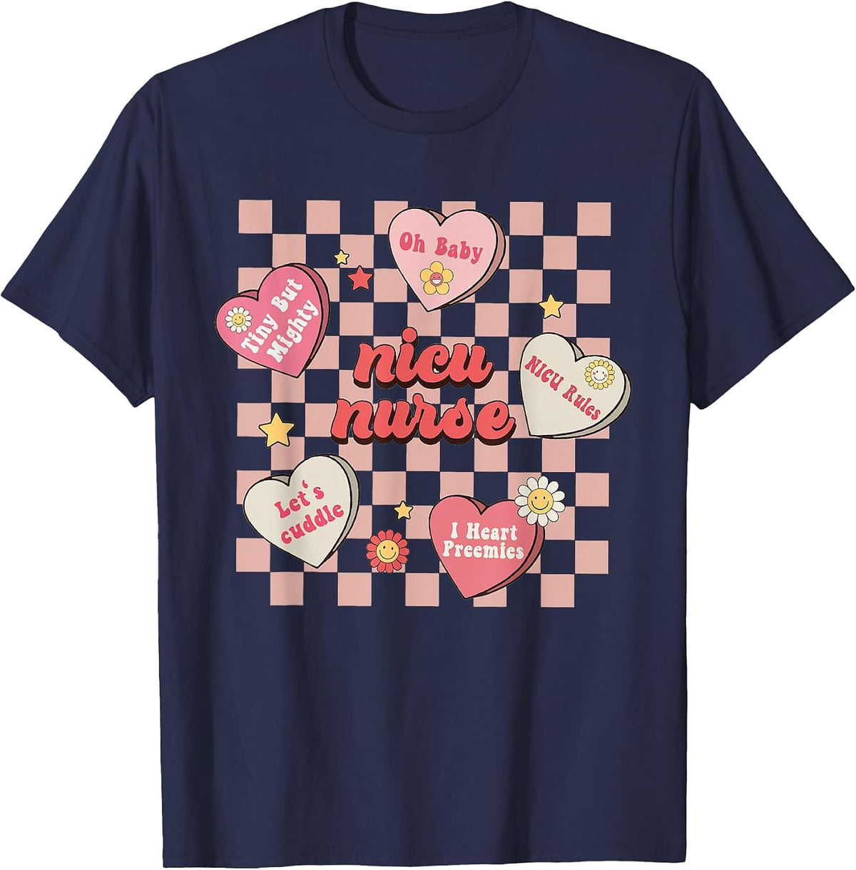 Retro NICU Nurse Conversation Hearts Candy Valentine's Day T-Shirt - Navy Blue