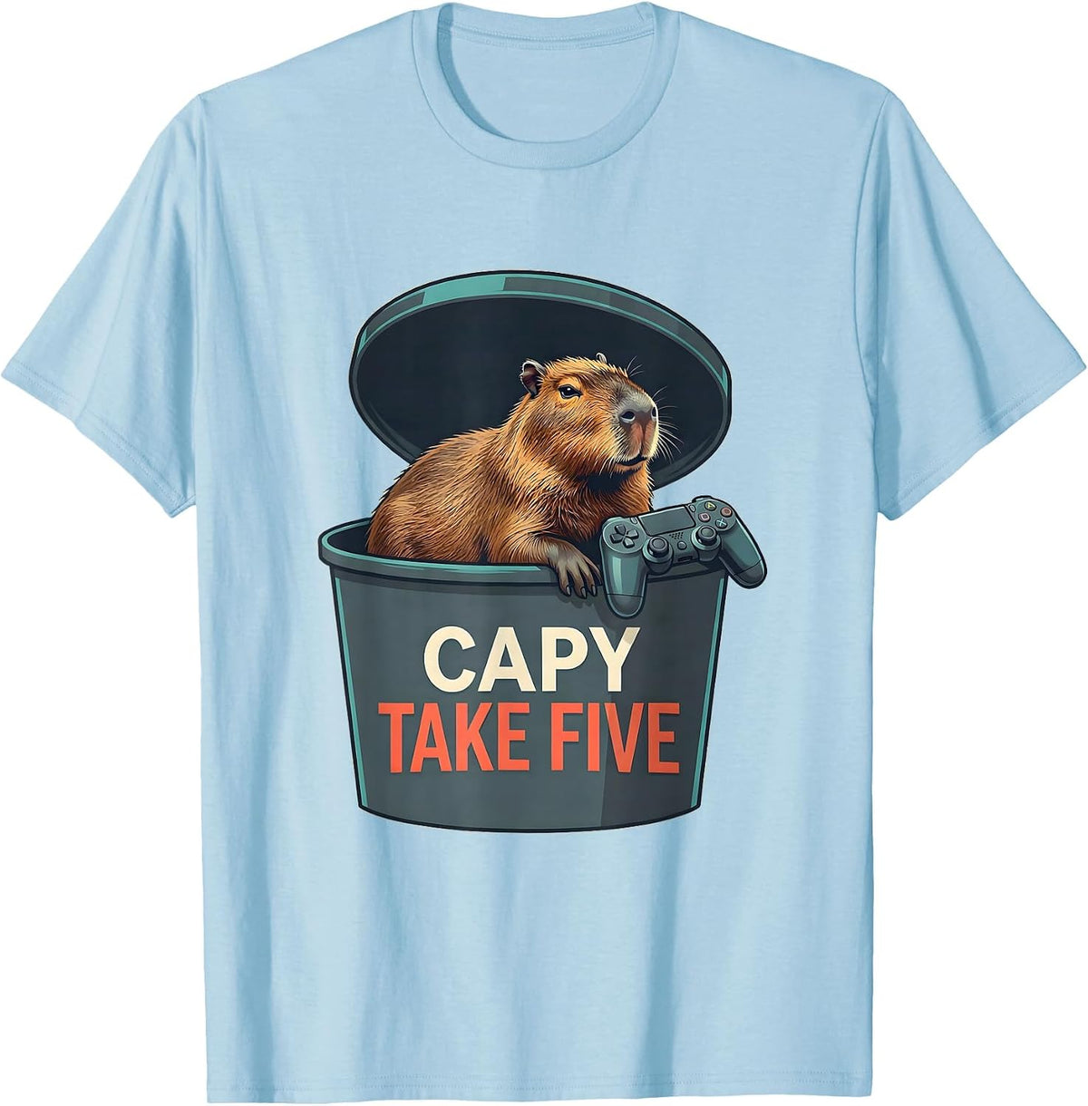 Men's Capy Take Five Funny Capybara Gamer Gaming Video Games T-Shirt - Baby Blue