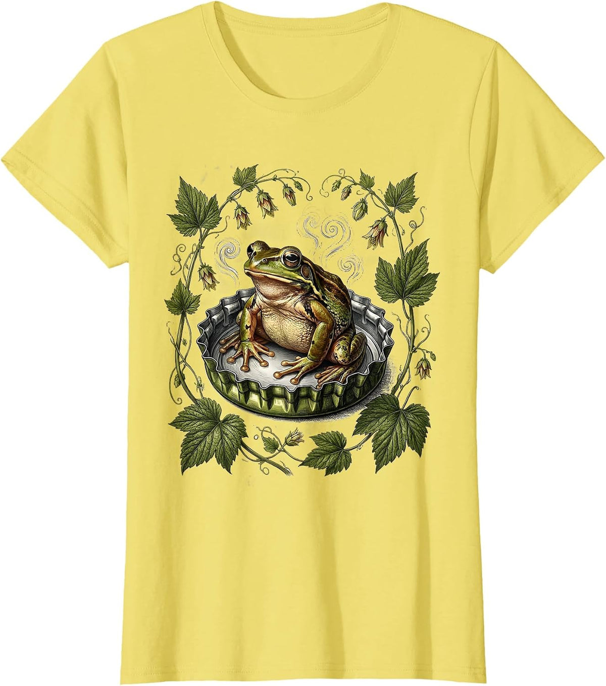 Frog Relaxing in Bottlecap Hot Tub Beer Art T-Shirt - Lemon Yellow