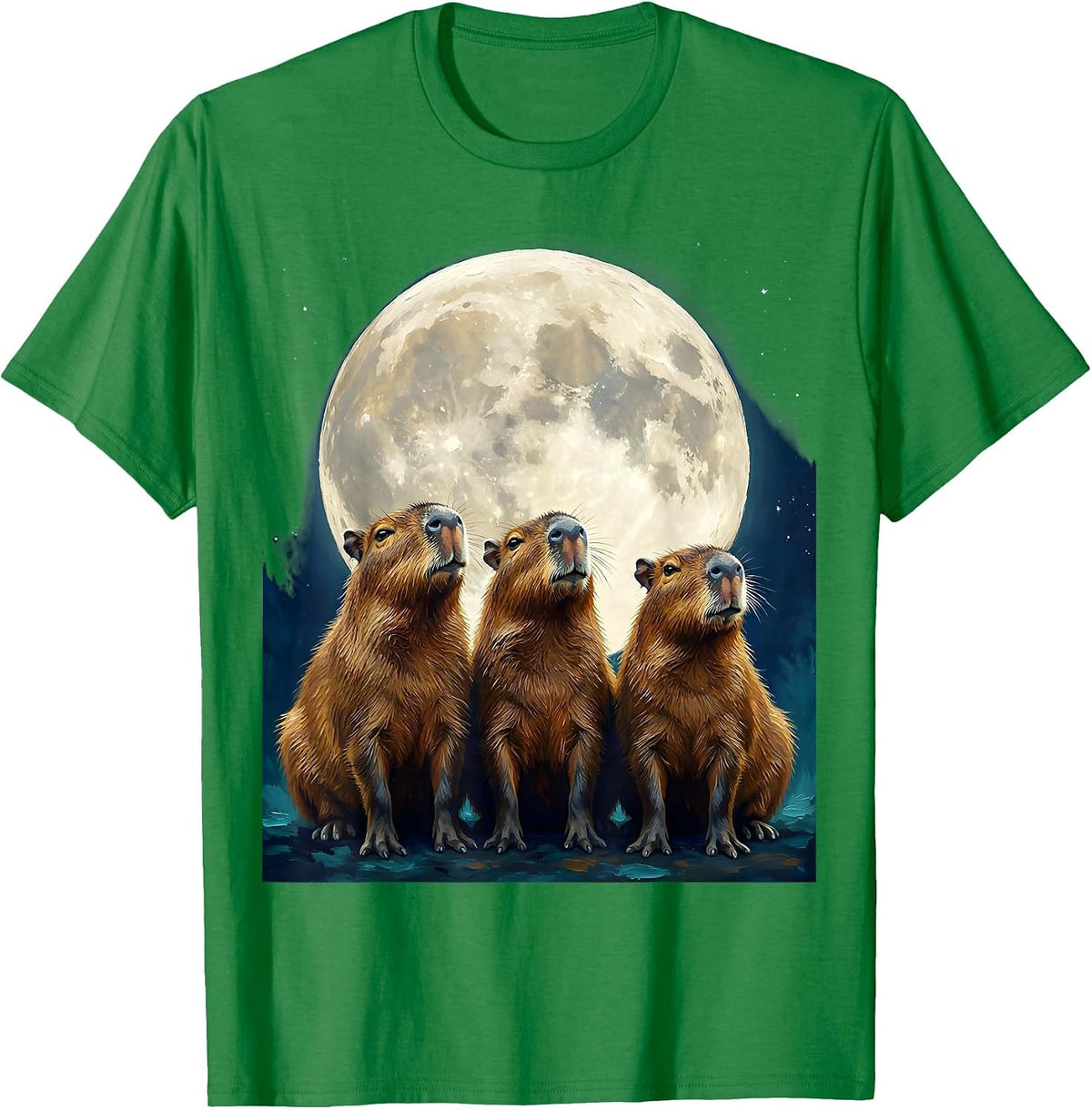 Men's Three Capybara Moon Gouache Poster Novelty Animal Lover T-Shirt - Kelly Green