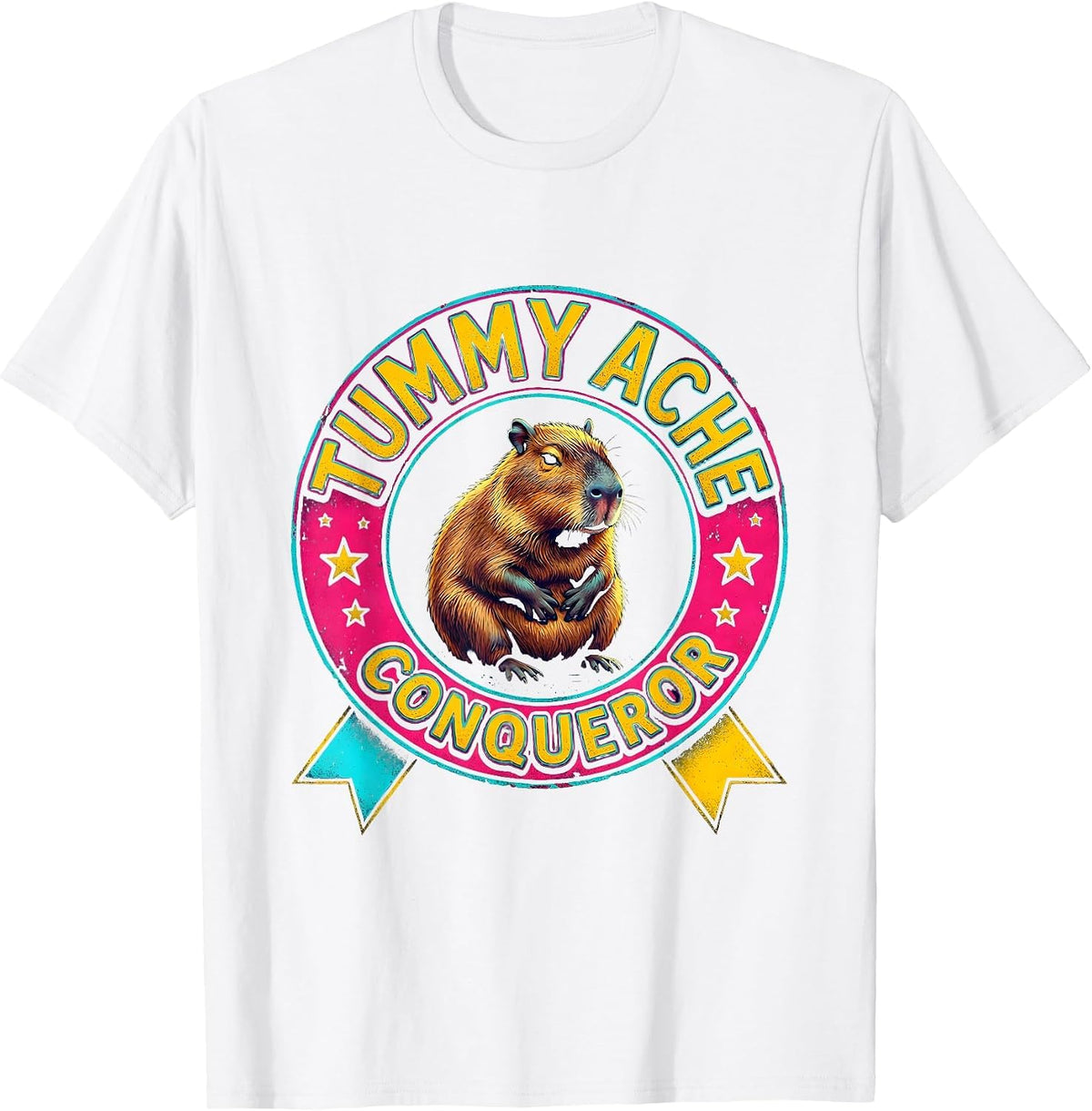 Men's Tummy Ache Conqueror Colorful Capybara Meme Humor T-Shirt - White