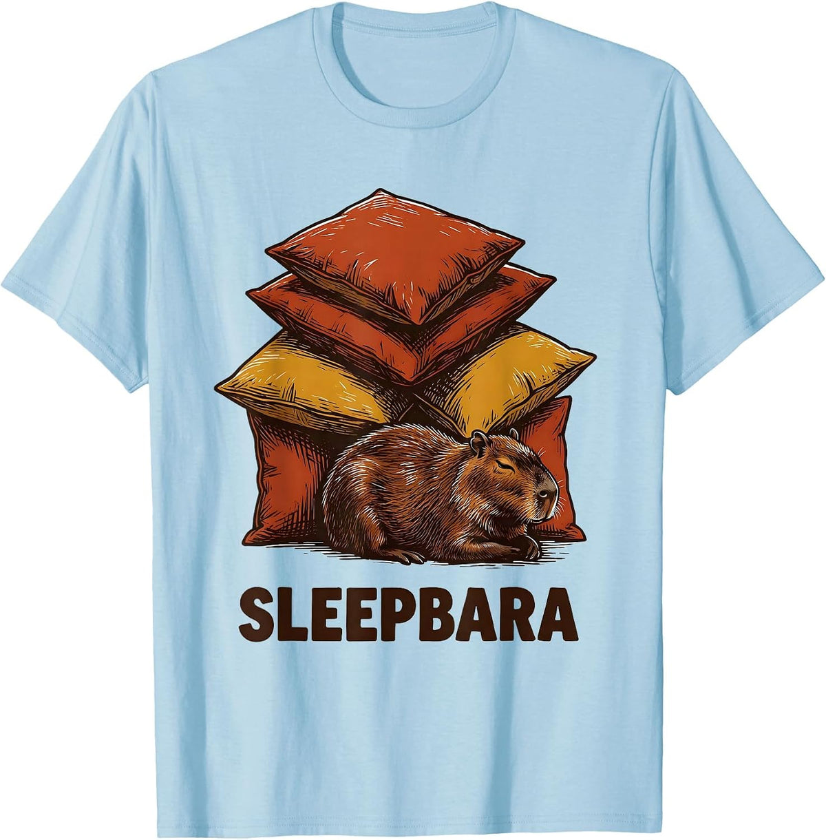 Men's Sleepbara Cute Capybara Sleep Lover Linocut Novelty T-Shirt - Baby Blue