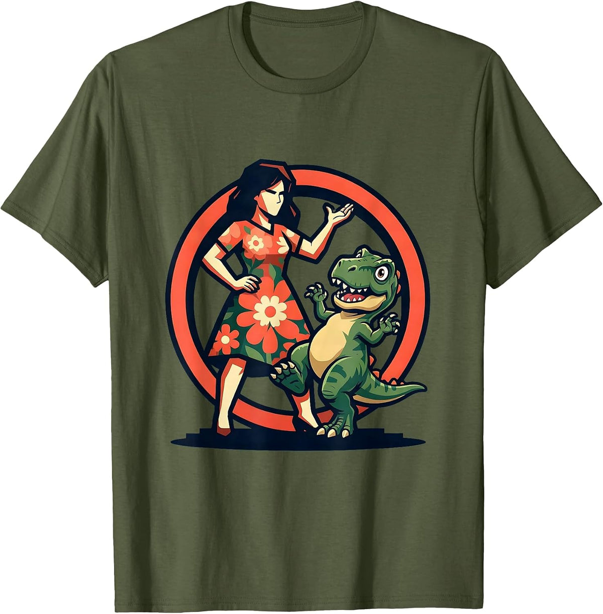 Floral Dress Dinosaur Tamer Graphic Design T-Shirt - Olive Green