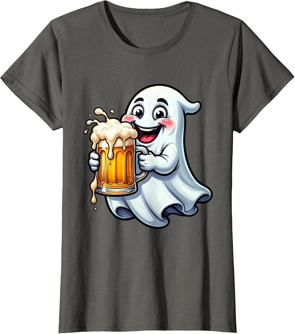Women's Friendly Ghost Overflowing Beer Mug Illustration T-Shirt - Asphalt Grey