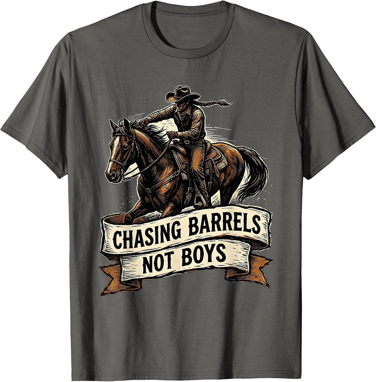 Chasing Barrels Not Boys Cowgirl Design T-Shirt - Asphalt Grey
