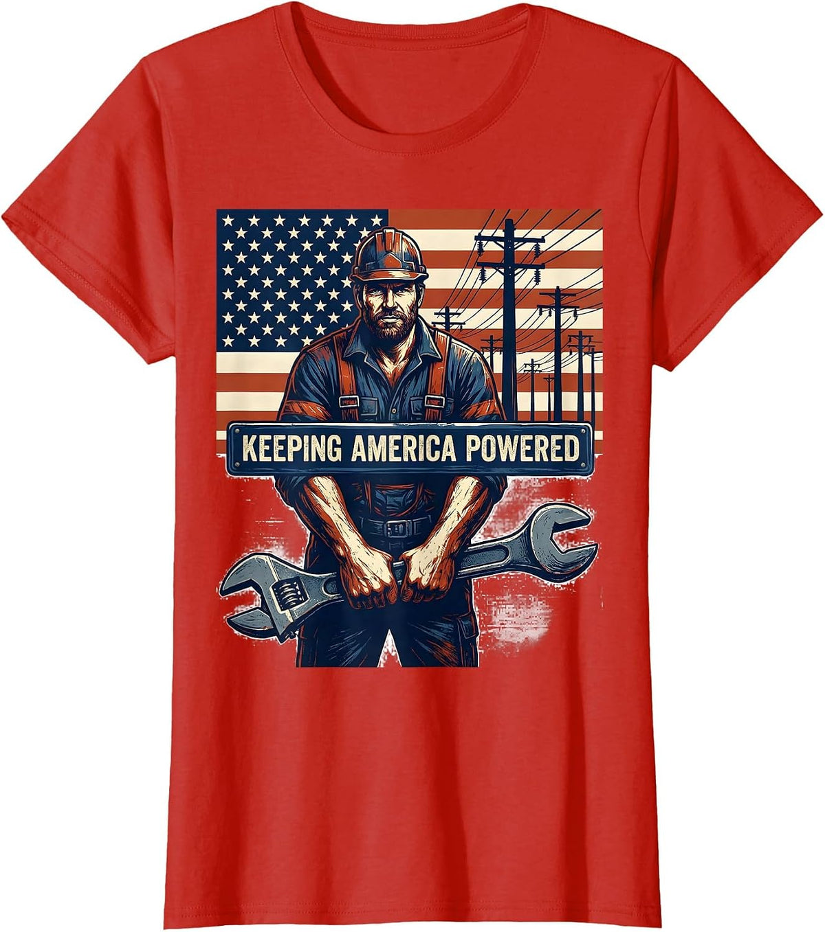 Keeping America Powered Patriotic Lineman Electrician T-Shirt - Red