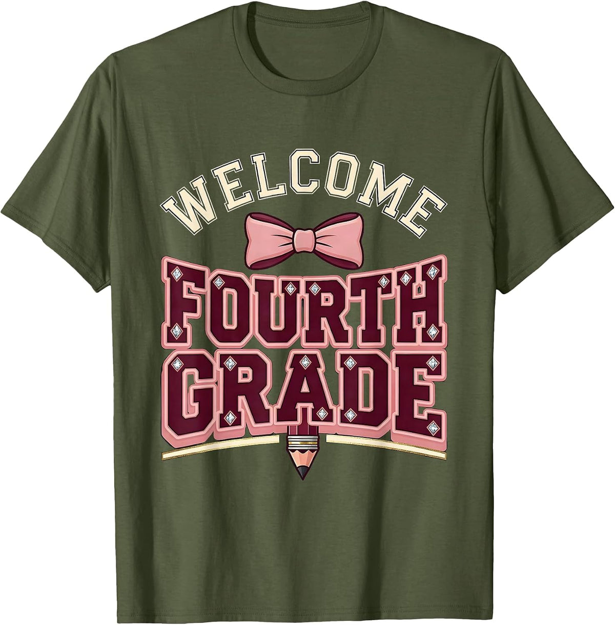 Welcome, Fourth Grade Sparkle Varsity Coquette Bow Back T-Shirt - Olive Green